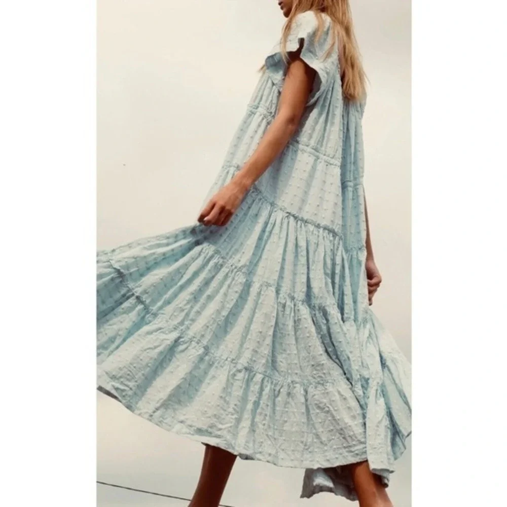 Innika Choo Alotta Gut Peasant Blue Tiered Maxi Dress Sz 3/Large Cottagecore - Picture 2 of 7